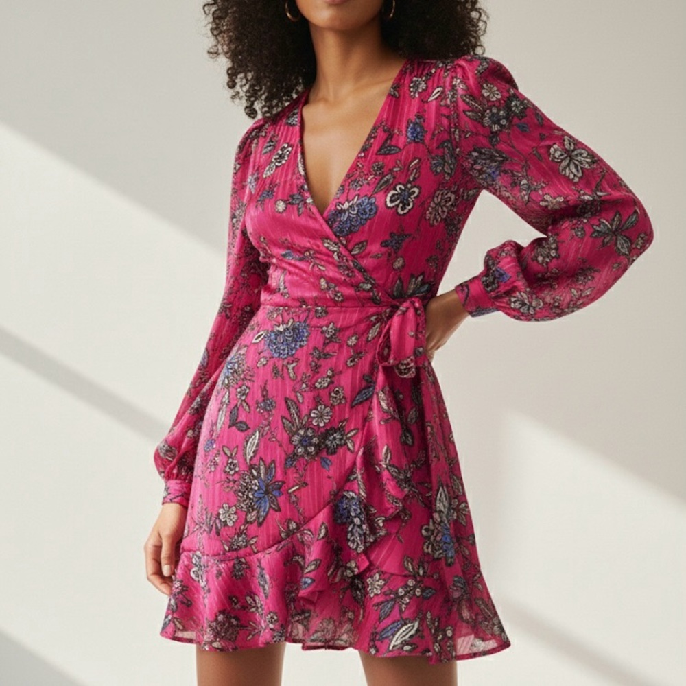 Mittoshop Pink Floral Wrap Dress S Boho Romantic Long Sleeve V-Neck Ruffle Hem